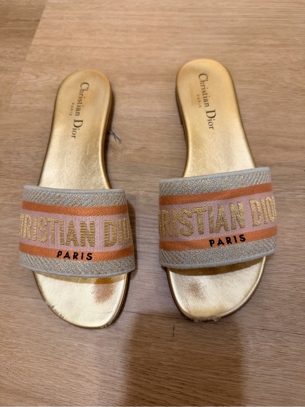 Dior Gold and Beige Pink Logo Slide Sandals